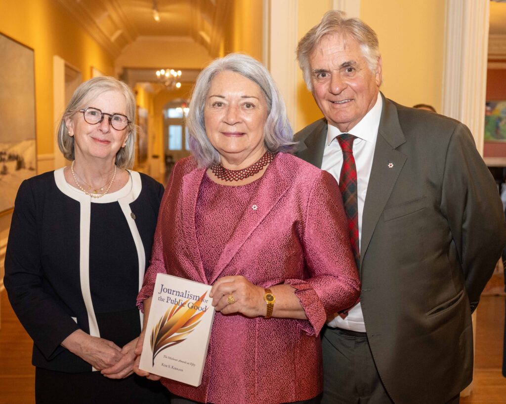 Kim Kierans, Her Excellency the Right Honourable Mary Simon, and His Excellency Whit Fraser attending the annual Michener Ceremony in June 2024.